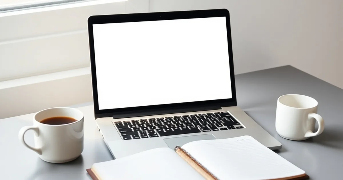 Schreibtisch mit Laptop und Notizbuch für die Kontaktaufnahme per E-Mail